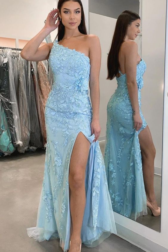 Elegant one shoulder blue lace tight long prom dress with side slit    cg18964