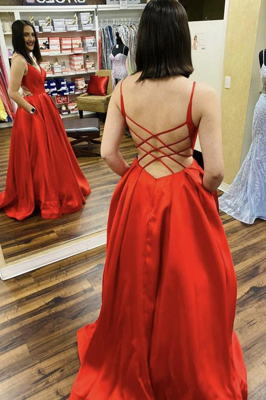 Red satin long backless prom dress A line evening dress   cg19001