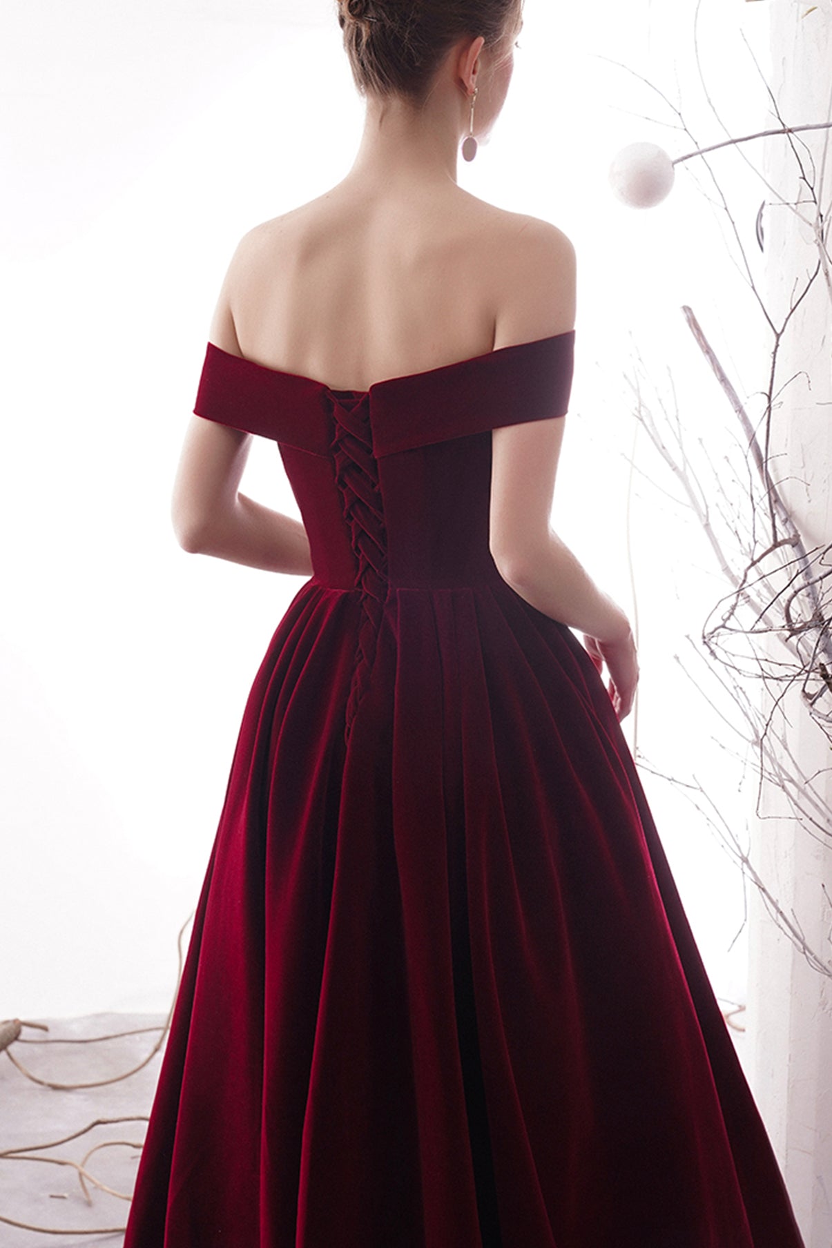 BURGUNDY A LINE VELVET PROM DRESS BURGUNDY EVENING DRESS    cg19030