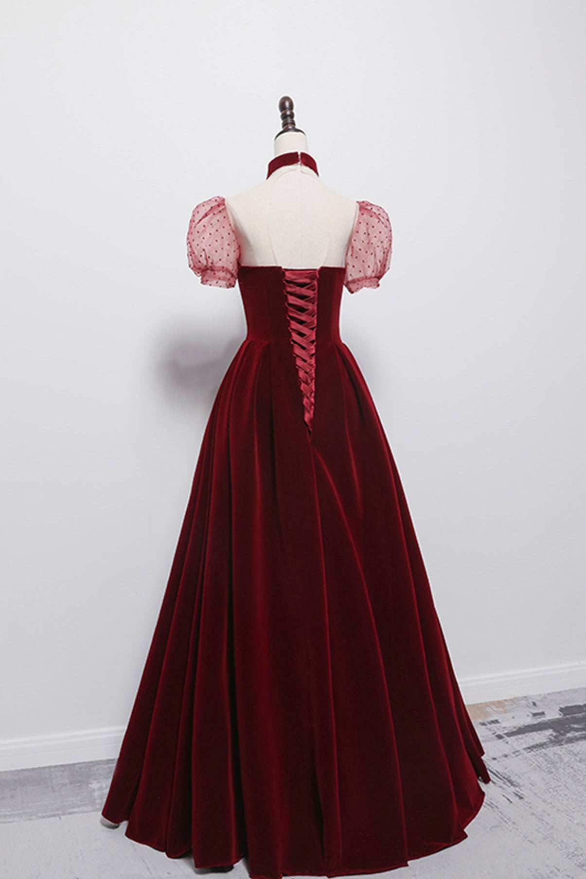 CUTE VELVET LONG PROM DRESS BURGUNDY A LINE EVENING DRESS    cg19033