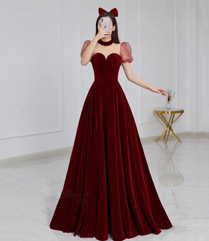 CUTE VELVET LONG PROM DRESS BURGUNDY A LINE EVENING DRESS    cg19033