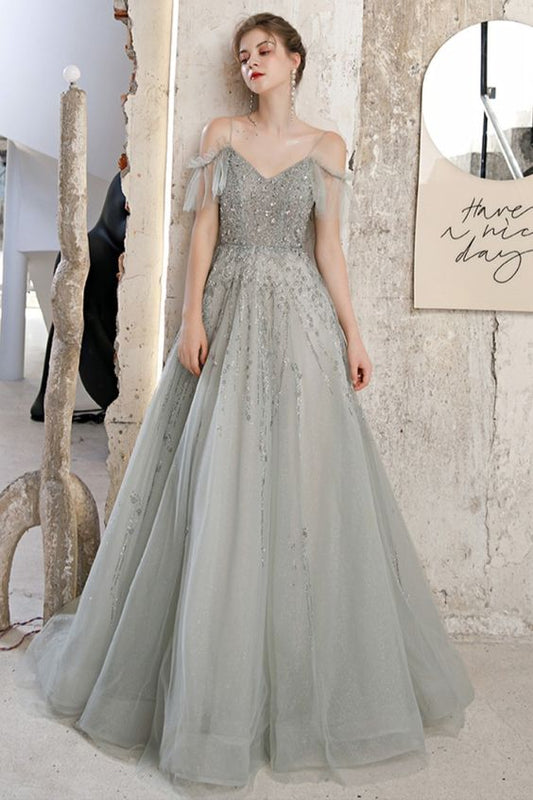 A-line Sage Green Tulle Long Prom Dress Formal Dess Graduation Dress    cg19037