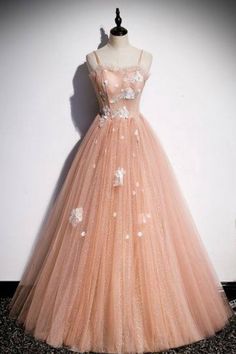 Peach Tulle Long Prom Dress with 3D Flowers    cg19053