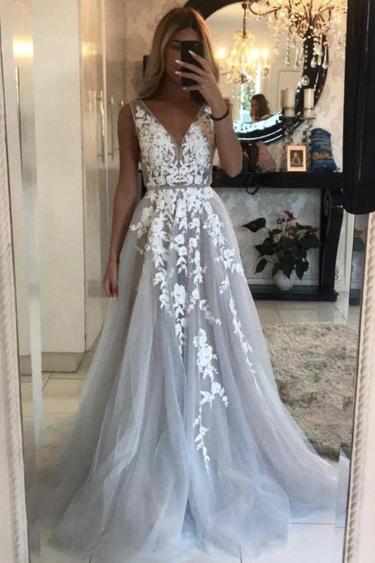 Grey v neck tulle lace long prom dress evening dress   cg19054