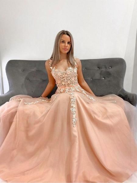 Double Straps Champagne Lace Long Prom Dresses, Long Champagne Lace Floral Formal Dresses    cg19063