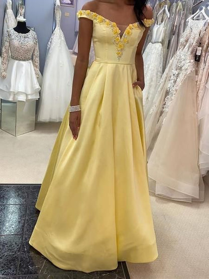 Off Shoulder 3D Flowers Yellow Satin Long Prom Dresses, Yellow Floral Formal Dresses    cg19064