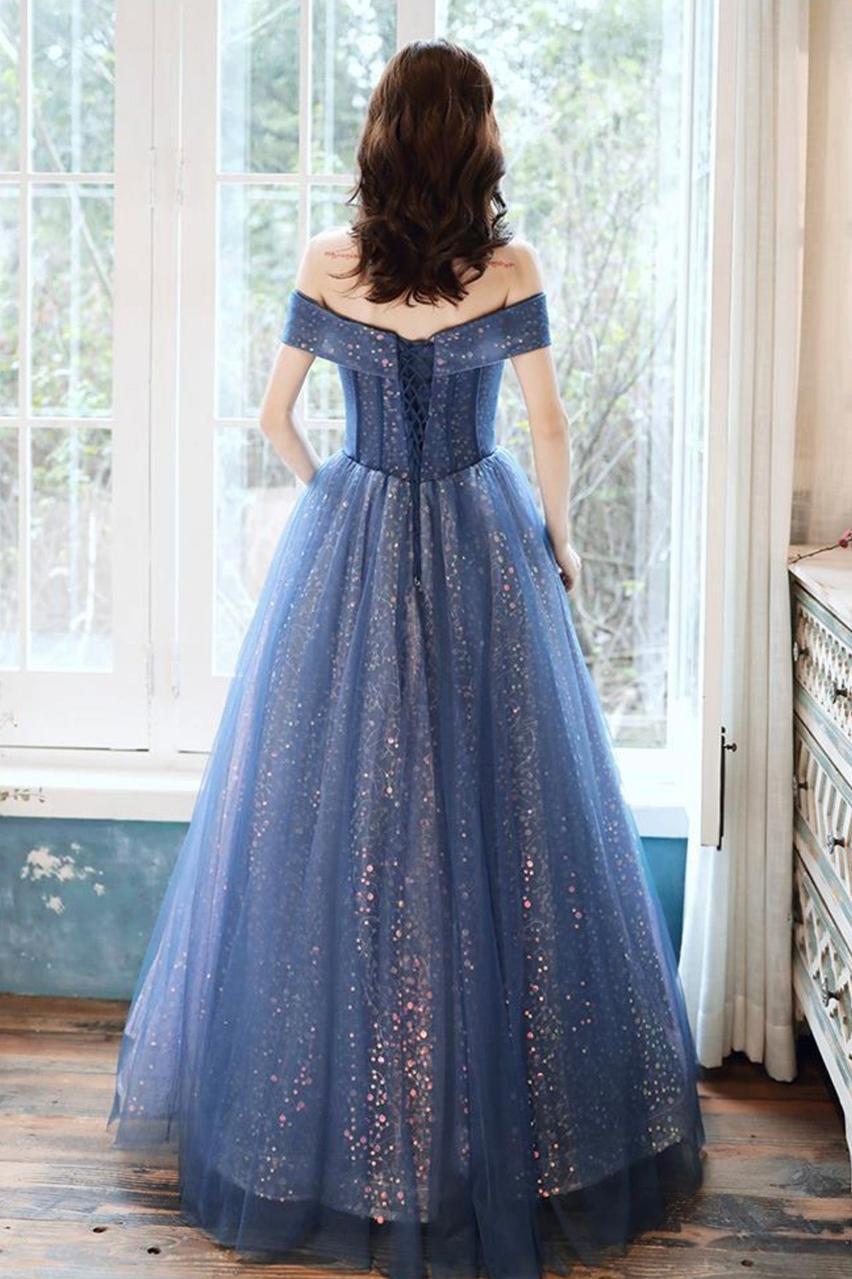 Long Prom Dresses Blue tulle sequins long ball gown dress formal dress    cg19066