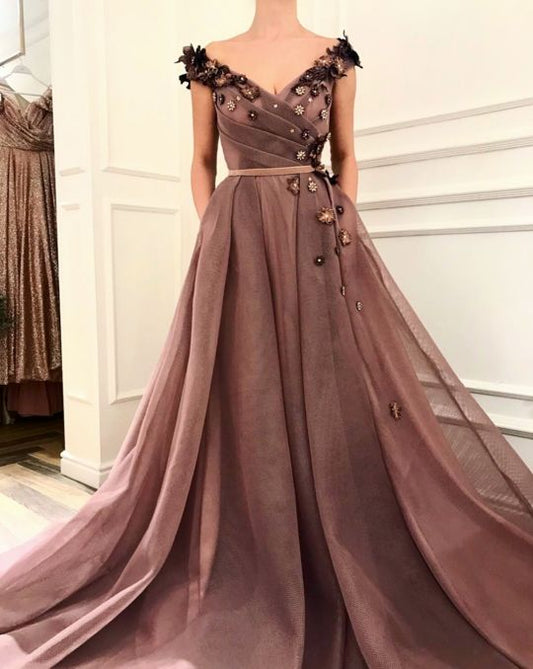 Charming V Neckline,Sexy Off Shoulder ,A Line Prom Dress , Floor Length,Sexy 3D Flower Applique    cg16075