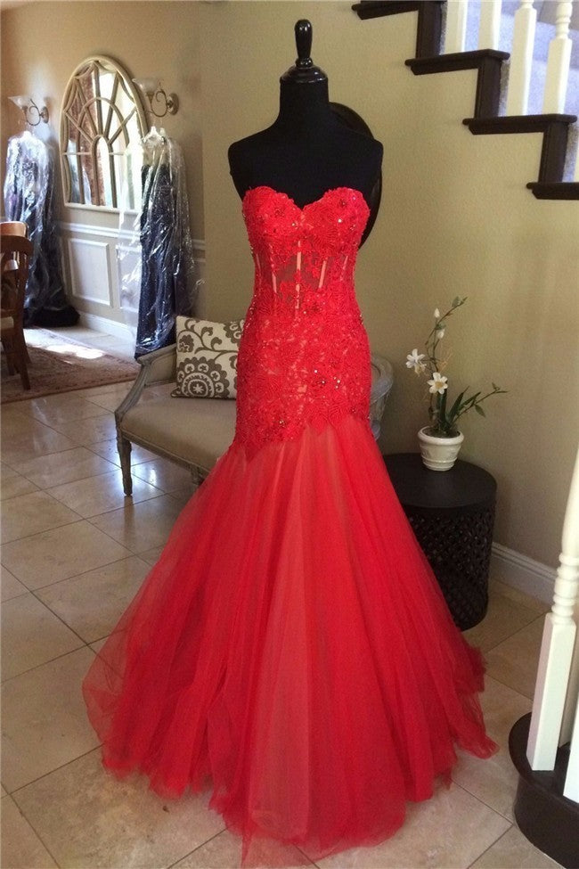 Graceful Mermaid Sweetheart Red Tulle Lace Beaded See Through Prom Dress     cg19125