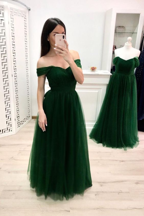 Off the Shoulder Hunter Green Tulle Bridesmaid Dresses prom dress      cg19136