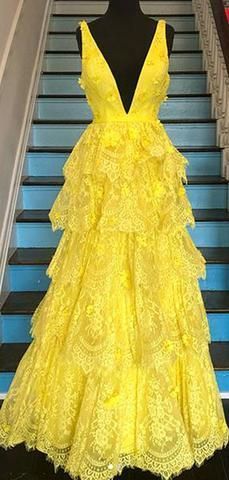 Yellow Mismatched Lace A-line Prom Dresses    cg19138