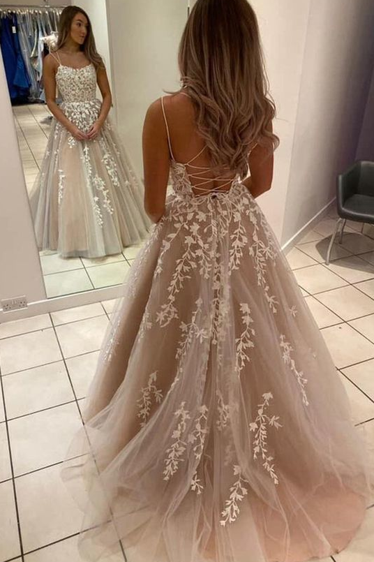 A Line Backless Lace Long Prom Dress Long Evening Dress    cg19146