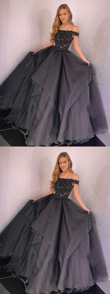 Gray black lace long prom dress. tulle evening dress   cg19175