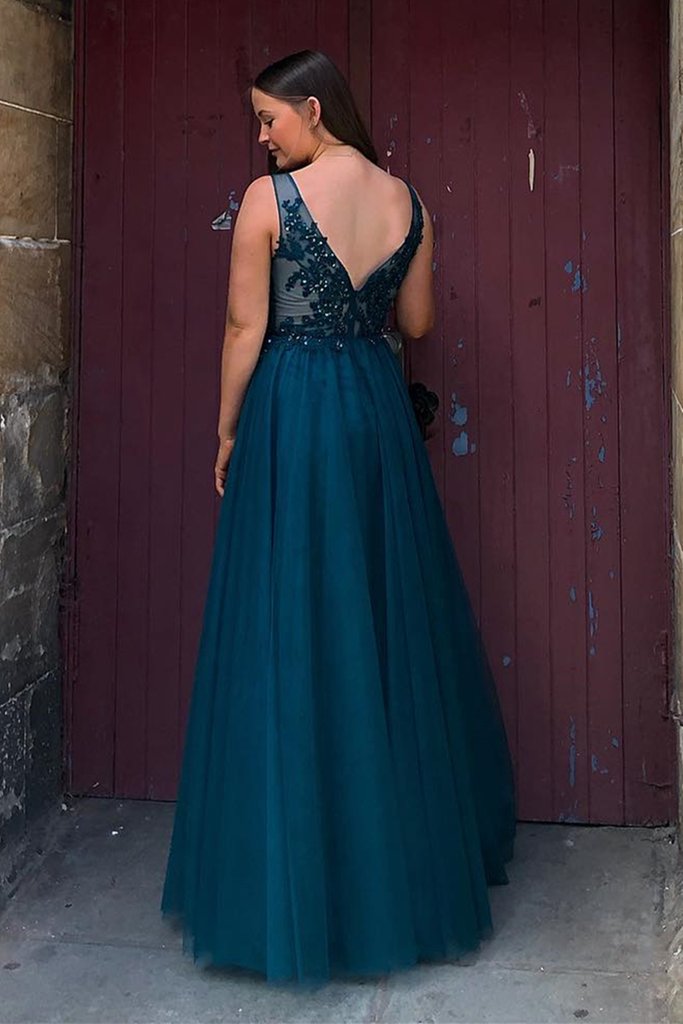 V Neck and V Back Blue Lace Beaded Long Prom Dresses, Long Blue Lace Formal Evening Dresses   cg19184