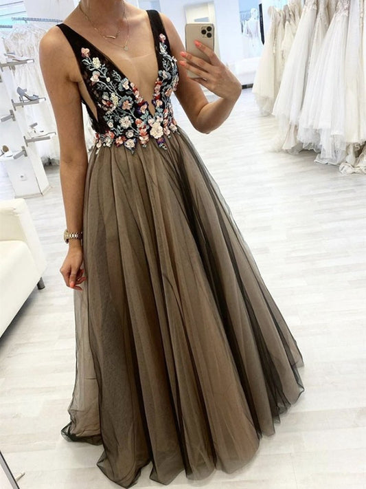 Black V Neck Floral Long Prom Dresses, Long 3D Flower Black Formal Evening Dresses   cg19187