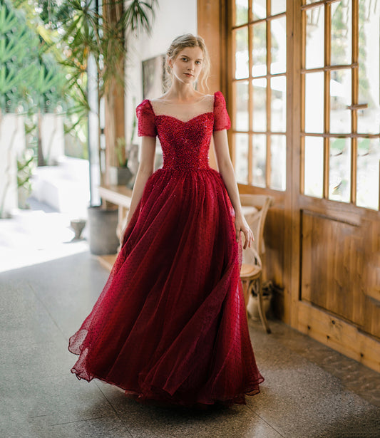 BURGUNDY TULLE BEADS LONG PROM DRESS A LINE EVENING DRESS    cg19212