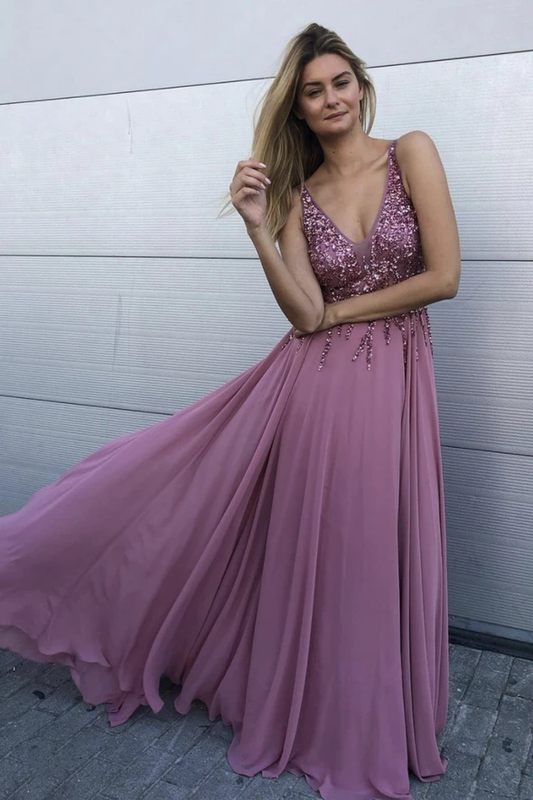 Pink chiffon beads long prom dress A line evening dress    cg19220