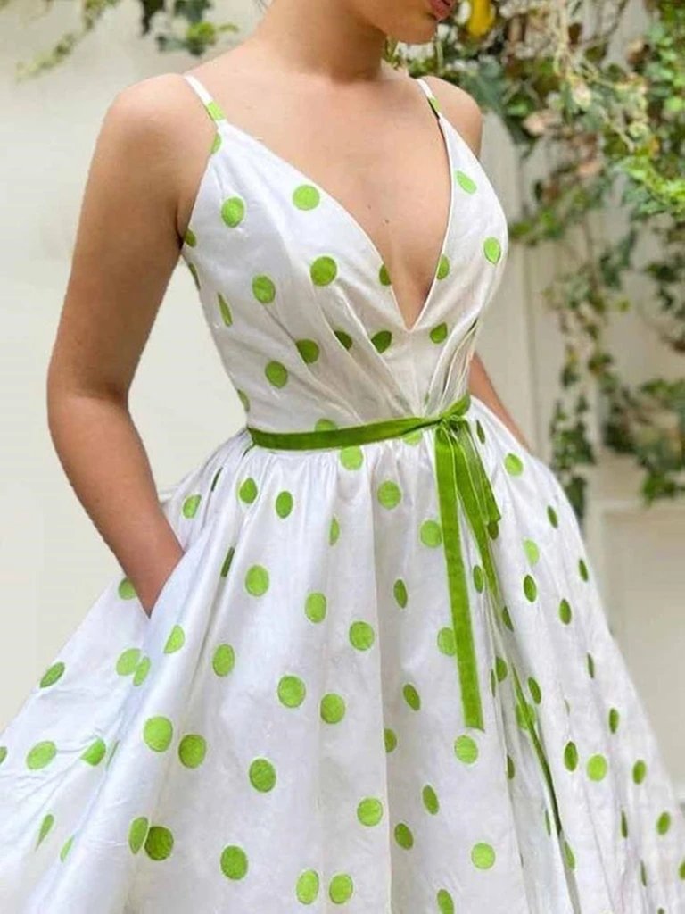 A Line V Neck Green Dot White Long Prom Dresses, Green Dot Long Formal Evening Dresses    cg19314