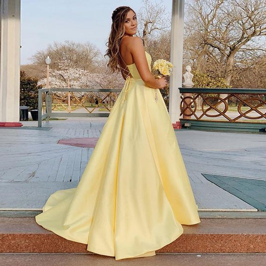 A-Line Satin Spaghetti Straps Long Yellow Prom Dress with Beading Pockets    cg19326