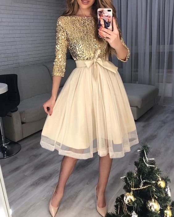 Sequins Tight Waist Layered Mesh Dress Homecoming Dress    cg19346