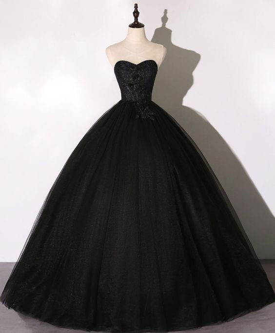 ELEGANT BLACK SWEETHEART NECK TULLE LONG PROM DRESS BLACK EVENING DRESS   cg19347