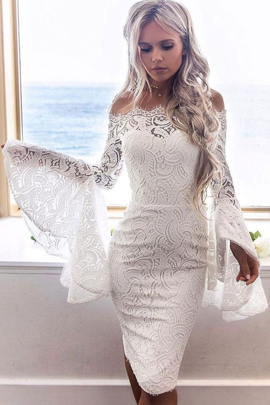 Prom Dress Women Off Shoulder Hollow Lace Overlay Flare Sleeve Sexy Bodycon Party Dress    cg19353