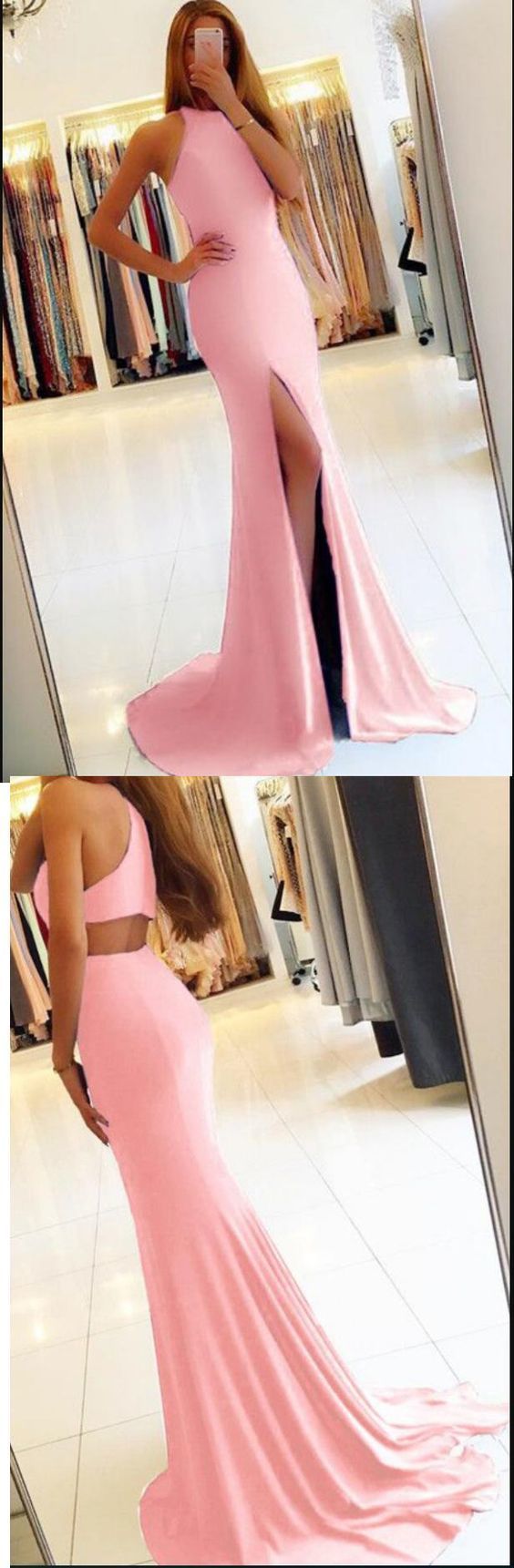 New Fitted Evening Dress Girls Pink Prom Ball Dress Formal Gown with Sexy Slit     cg19399