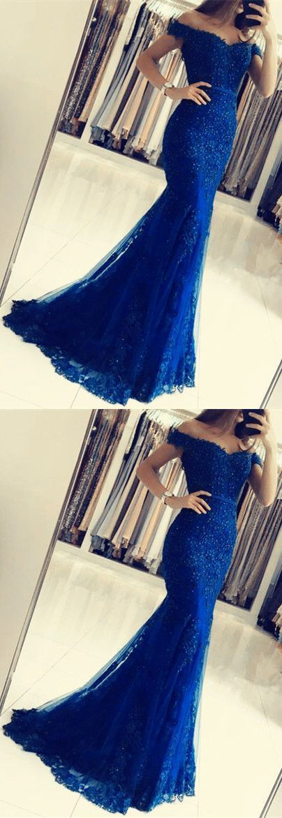 Royal blue mermaid v neck prom dresses lace Evening Gowns   cg19423
