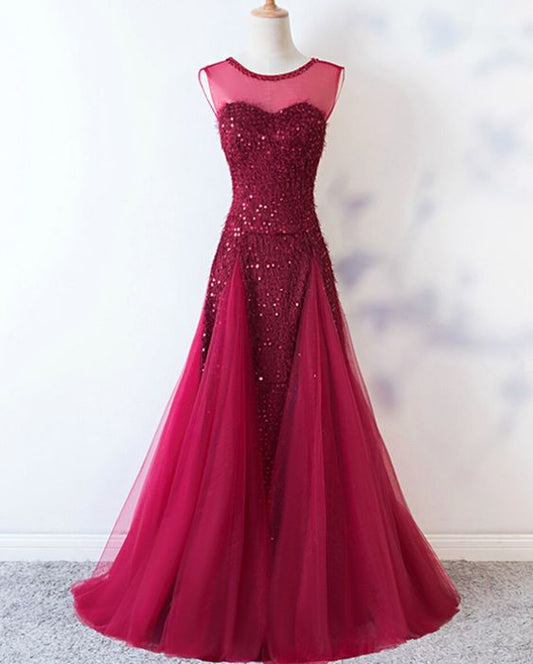 Burgundy Mermaid Sequins Backless Long Prom Dress    cg19426