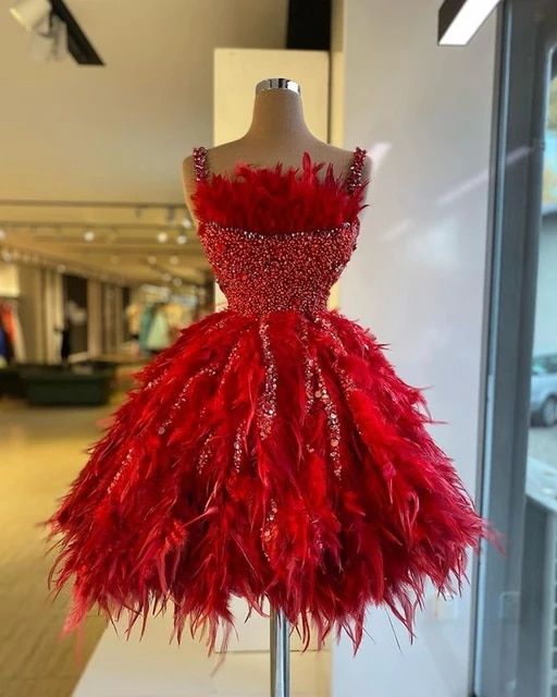 Fashion Red Feather Sequined Cocktail Dresses Spaghetti Straps Short Party Gowns Luxurious Homecoming Dress 2021   cg19439