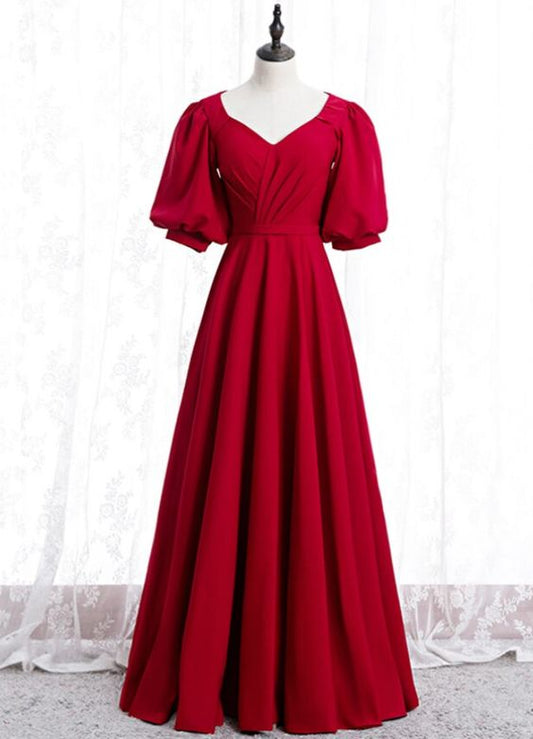 Burgundy Satin V-neck Puff Sleeve Pleats Prom Dress    cg19443