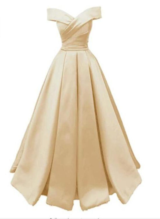 Champagne Satin Off Shoulder Satin A-Line New Style Party Dress, Long Prom Dress 2021   cg19472