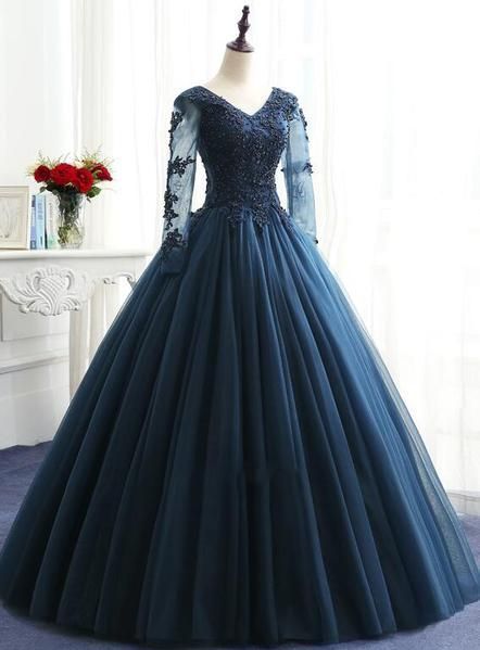 Charming Prom Dress Charming Long Sleeves Navy Blue Tulle Party Gown    cg19487