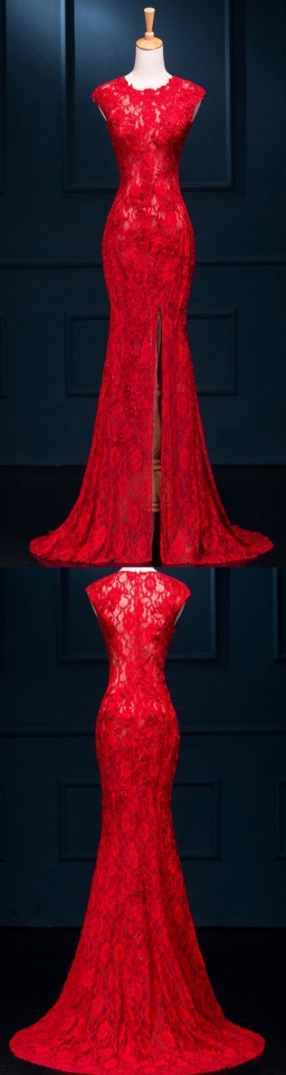 Appliques Lace Mermaid Evening Dress, Sexy Red Long Prom Dress    cg19491