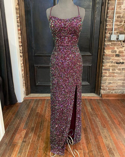 Sparkle Mermaid Sequined Long Formal Dress with Slit Prom Gown   cg19501