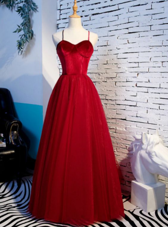 A-Line Tulle Velvet Spaghetti Straps Prom Dress    cg19516