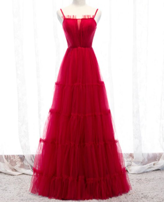 Spaghetti Straps Tulle Floor Length Pleats Prom Dress    cg19518