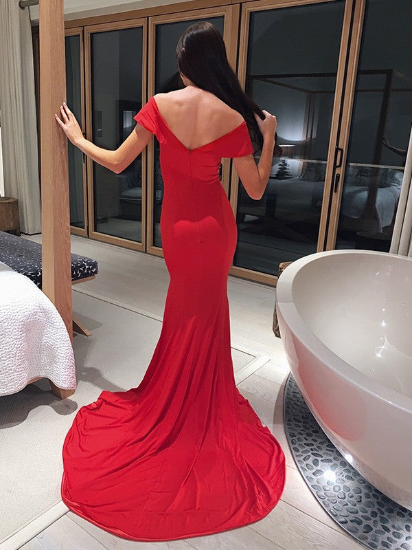 Sheath/Column Spandex Ruched Off-the-Shoulder Sleeveless Court Train Dresses Prom Dress    cg19524