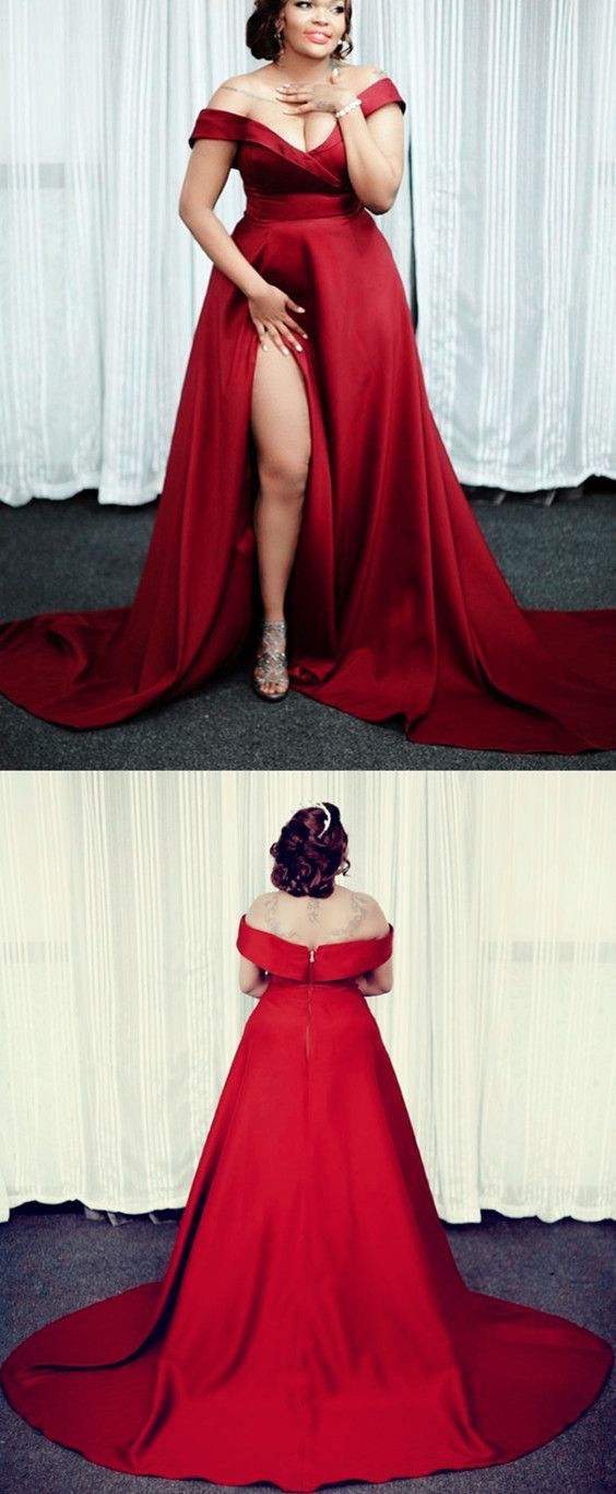 off the shoulder red prom dresses, plus size red dress split side    cg19537