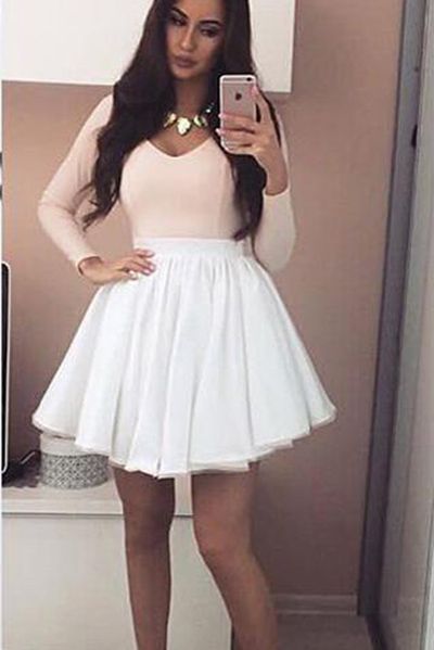 Pink V-neck Long Sleeves Mini Grad Homecoming Dress with  White Skirt cg1958
