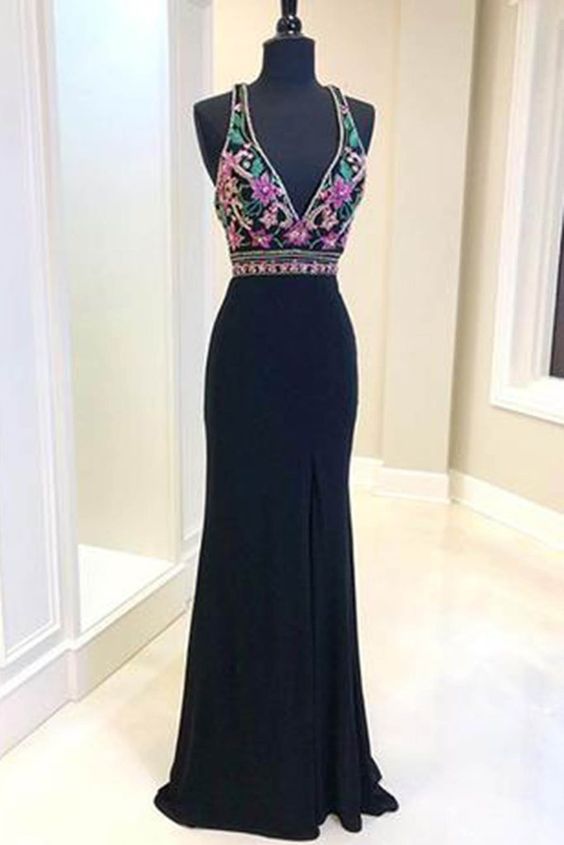 Black chiffon V neck long lace top mermaid evening dress, black long prom dress     cg19592