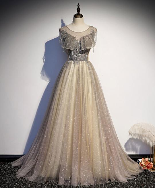 ELEGANT CHAMPAGNE ROUND NECK SEQUIN LONG PROM DRESS TULLE FORMAL DRESS    cg19596