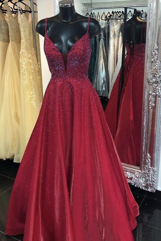 Burgundy satin beads long prom dress evening dress    cg19610