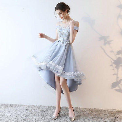 Beautiful Light Grey Tulle Off Shoulder High Low Lace Party Dress, Grey Homecoming Dress   cg19612