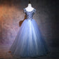 Charming Blue Ball Gown Lace Long Formal prom Dress, Blue Tulle Sweet 16 Dress With Flowers    cg19613