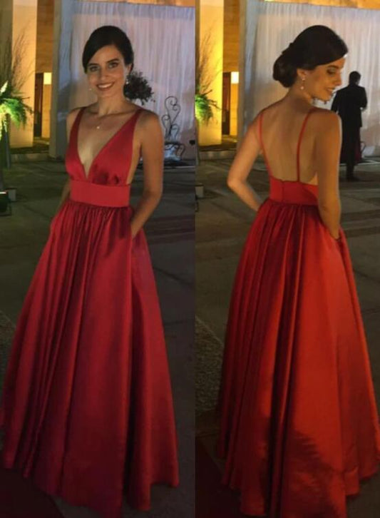 Dark Red Satin V Neck Backless Long Prom Dresses, Sexy Low Back Wedding Party Dress Evening Dress   cg19615