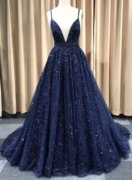 A Line V Neck Navy Blue Shiny Long Prom Dresses, Charming Blue Tulle Party Dress Evening Dress   cg19616