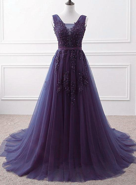 Lovely Purple Handmade Tulle V-Neckline Long Party Dress Long Prom Dress    cg19619