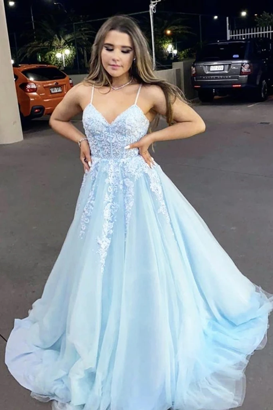 A Line V Neck Backless Light Blue Lace Long Prom Dress, Light Blue Lace Long Formal Evening Dress   cg19628