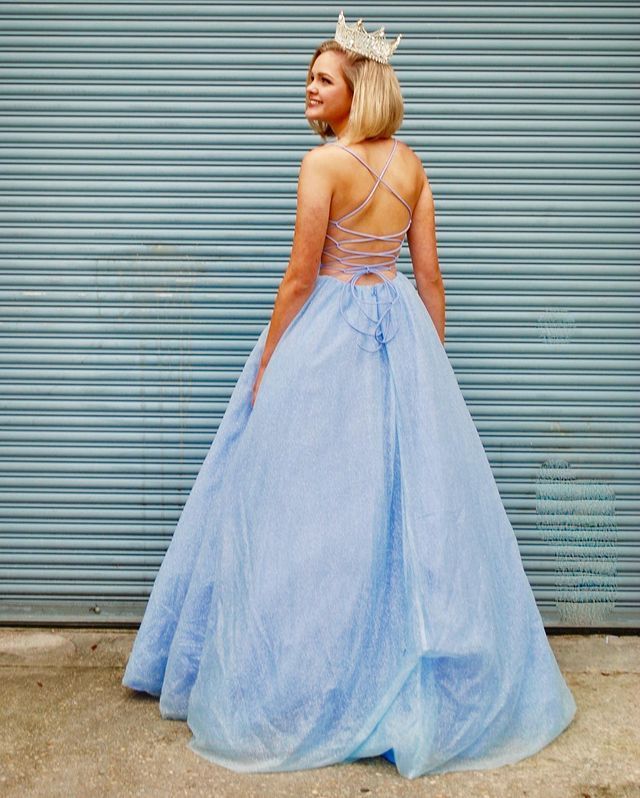 Cute Sparkly Ball Gown V Neck Straps Light Blue Prom Dresses  cg19685